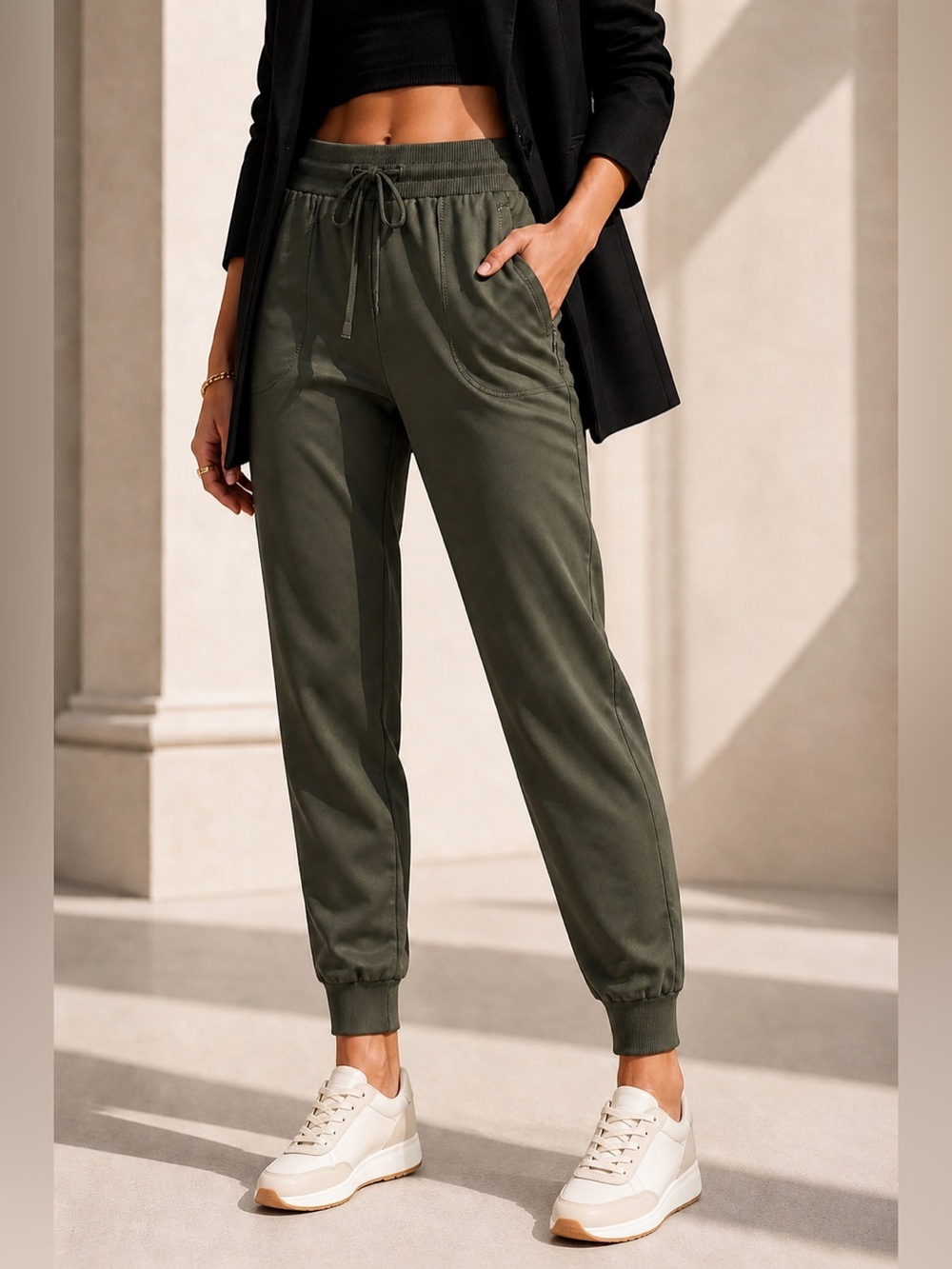 Rachel Zoe Olive Green High Rise Stretch Luxe  Tapered Jogger Pants Athleisure M